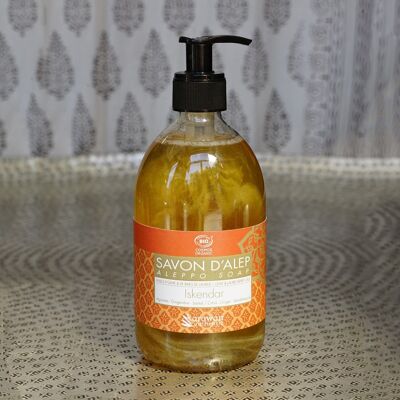 Jabón de Alepo líquido orgánico, aroma cítrico, cuerpo, rostro y manos, botella dosificador
