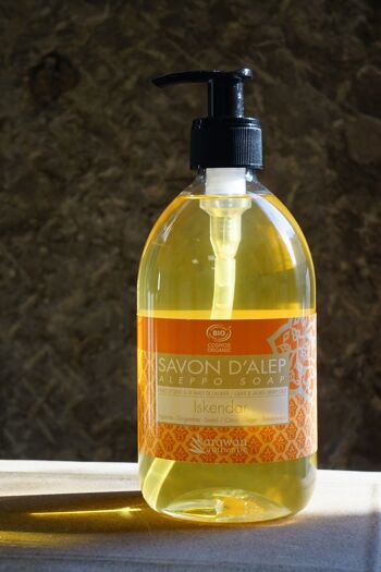 Savon d'alep liquide biologique parfum agrumes, corps, visage et mains, flacon pompe 3