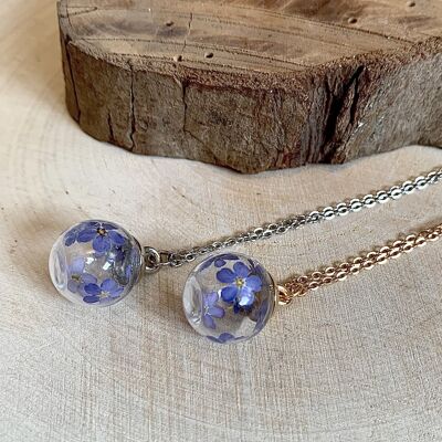 Myosotis dried flower necklace, gold or silver sphere pendant