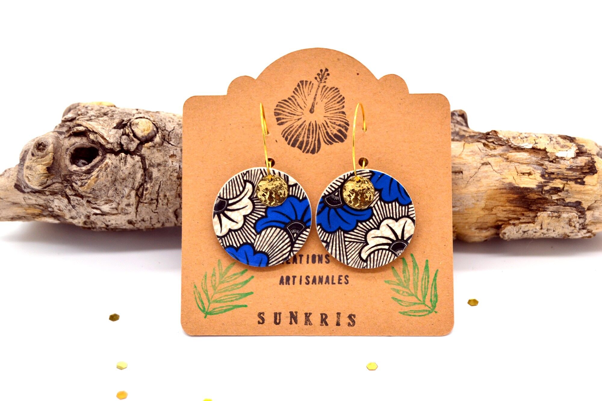 Orecchini a cerchio in cera in legno e carta resina fiore matrimonio blu oro bianco