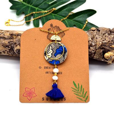 Collar largo coloreado en madera y papel resina inspirado en flor de cera ginkgo azul oro blanco joyería mujer