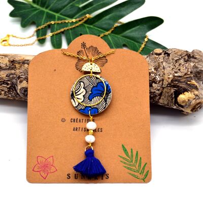 Lange Halskette aus Holz und Harzpapier, inspiriert von Wachsblume, Ginkgo-Blau, Weißgold, Damenschmuck