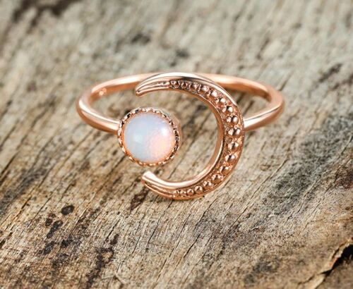 Beautiful Rose Gold 925 Sterling Silver Moonstone Crescent Ring Adjustable