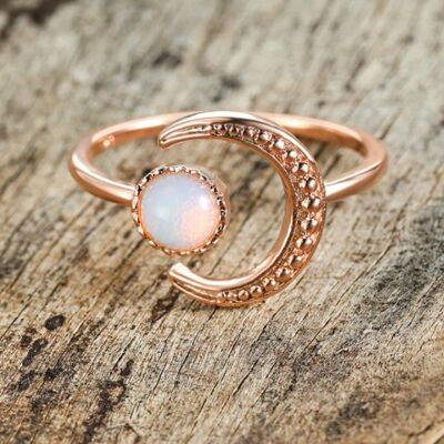 Beautiful Rose Gold 925 Sterling Silver Moonstone Crescent Ring Adjustable