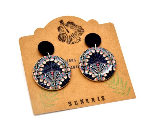 Boucles d'oreilles papier motif japonais plumes de paon noir, bleu, rose