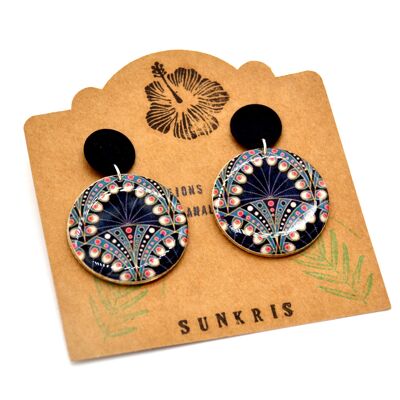 Paper earrings Japanese pattern peacock feathers black, blue, pink