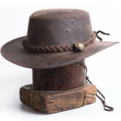 Crazy Leather Cowboy Outback pull-up waxy finish Vintage Brown hat Fabriqué à la main