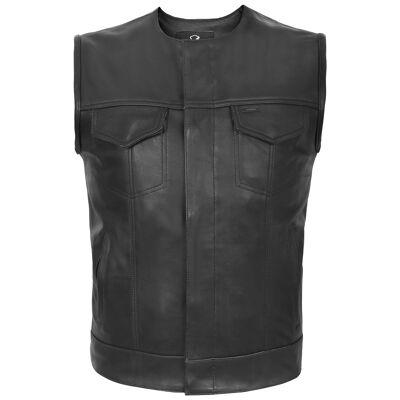 Collarless Leather Motorcycle Cut Off SOA Style Black - S