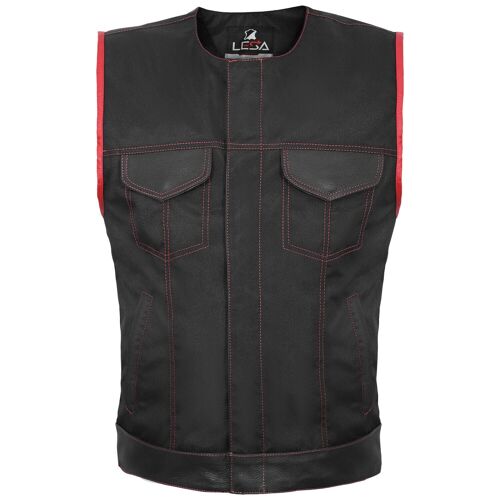 SOA Style Motorcycle Biker Waistcoat Vest Black Red Real Leather Trim Fabric UK - 2XL - No Collar