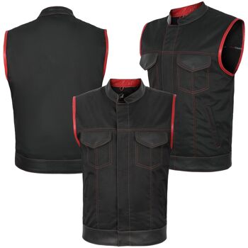 SOA Style Moto Biker Gilet Gilet Noir Rouge Vrai Cuir Garniture Tissu UK - 2XL - Sans Col 2