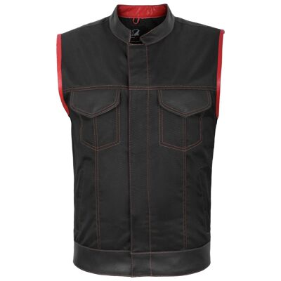 SOA Style Moto Biker Gilet Gilet Noir Rouge Vrai Cuir Garniture Tissu UK - 3XL - Col Montant