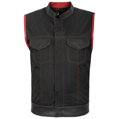Chaleco estilo motociclista estilo SOA, negro, rojo, tela con ribete de cuero real, Reino Unido - 3XL - cuello levantado