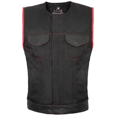 SOA Style Motorcycle Biker Waistcoat Vest Black Red Real Leather Trim Fabric UK - 3XL - No Collar