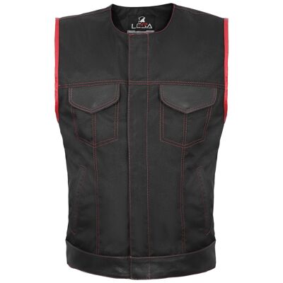 Gilet da motociclista stile SOA Gilet da motociclista nero rosso Tessuto con finiture in vera pelle UK - 3XL - Senza colletto