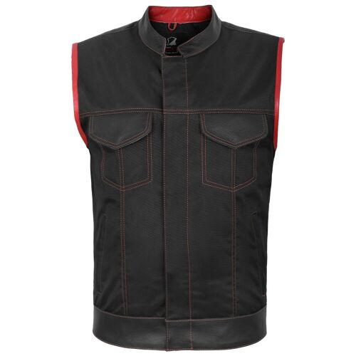 SOA Style Motorcycle Biker Waistcoat Vest Black Red Real Leather Trim Fabric UK - 2XL - Stand up Collar