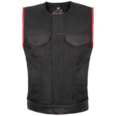 Gilet da motociclista stile SOA Gilet da motociclista nero rosso Tessuto con rifiniture in vera pelle UK - XL - Senza colletto