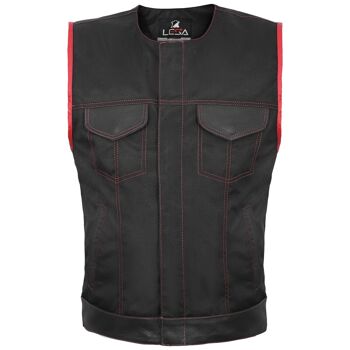 SOA Style Moto Biker Gilet Gilet Noir Rouge Vrai Cuir Garniture Tissu UK - XL - Sans Col 1