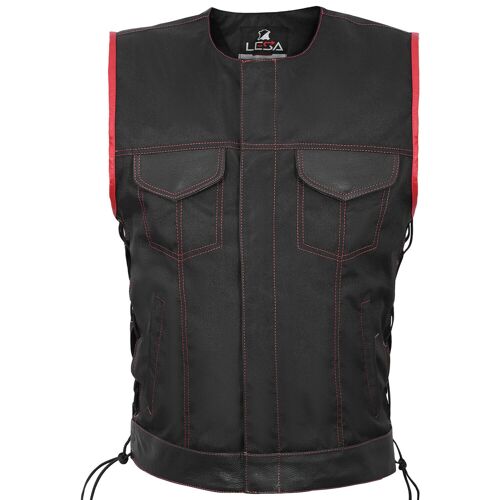 Men's SOA style Lace up fabric Biker Waistcoat/Vest red Real Leather Trimming UK - 2XL - No  Collar with Side Laces