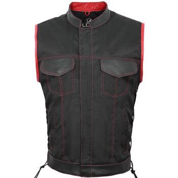 Gilet/gilet de motard en tissu à lacets de style SOA pour hommes, rouge, garniture en cuir véritable, Royaume-Uni - 5XL - Col montant avec lacets latéraux 1