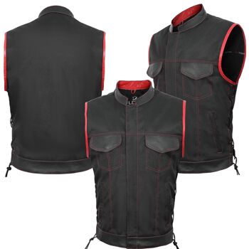 Gilet/gilet de motard en tissu à lacets de style SOA pour hommes, rouge, garniture en cuir véritable, Royaume-Uni - 5XL - Col montant avec lacets latéraux 2