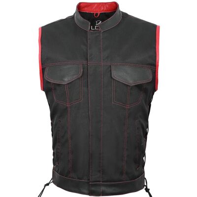 Gilet biker in tessuto stile SOA da uomo/gilet rosso in vera pelle con rifiniture UK - 6XL - Colletto rialzato con lacci laterali