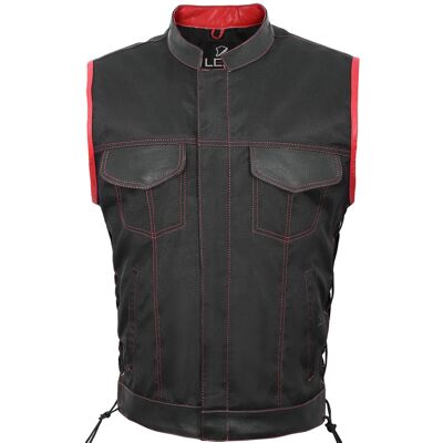 Chaleco/chaleco de motociclista de tela con cordones estilo SOA para hombre, ribete de cuero real rojo Reino Unido - XL - Cuello alto con cordones laterales