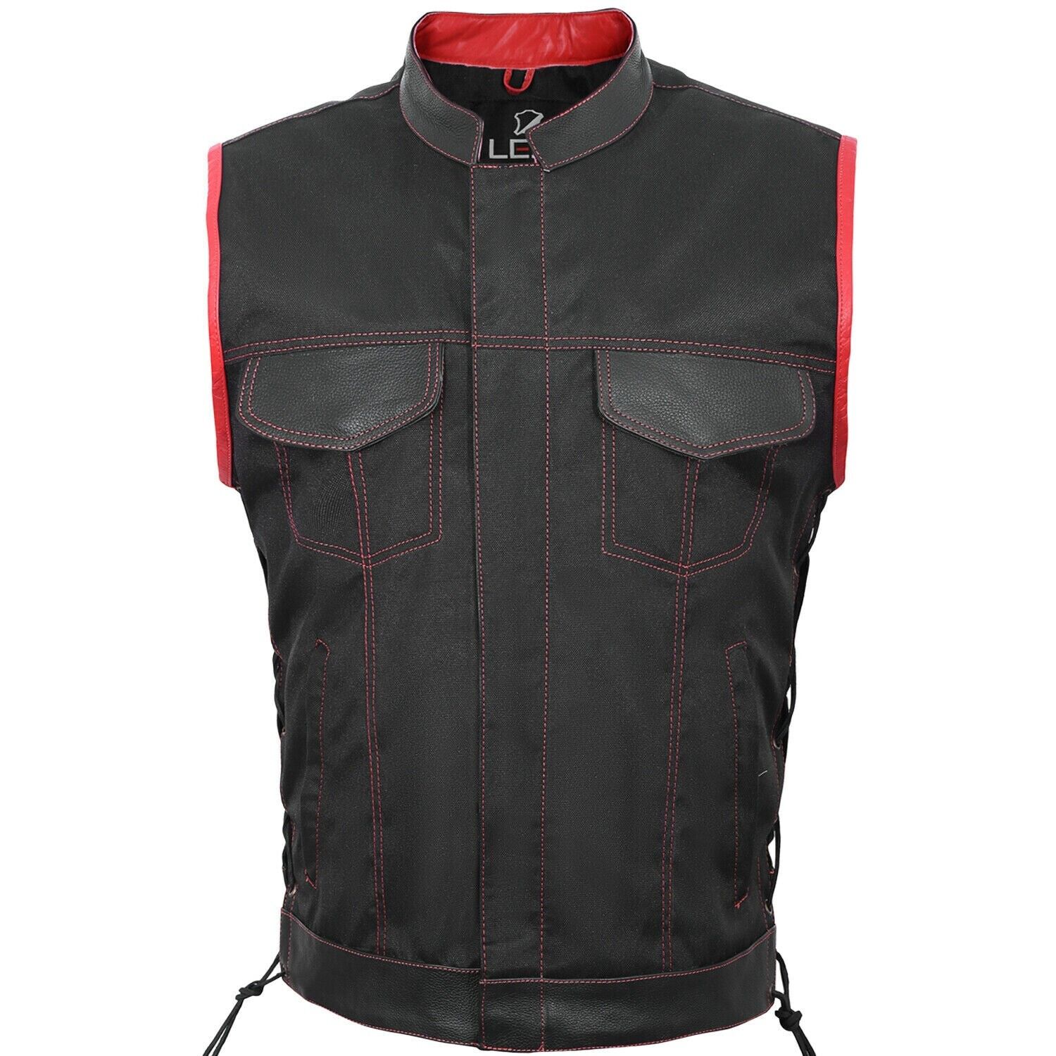 Ankorstore x Lesa Collection - Men's SOA style Lace up fabric Biker  Waistcoat/Vest red Real Leather Trimming UK - S - Stand up Collar with Side  Laces