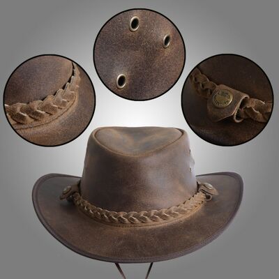 Chapeau de Cowboy Outback Antique en cuir de style australien en marron vintage