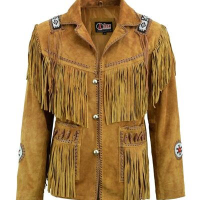 Mens Classic Western Brown Suede Leather With Beads Fringes Indians - M