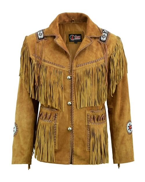 Mens Classic Western Brown Suede Leather With Beads Fringes Indians - XL