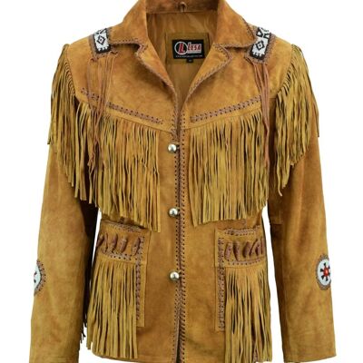 Mens Classic Western Brown Suede Leather With Beads Fringes Indians - 3XL