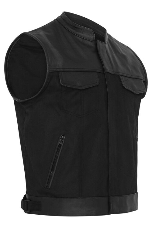 Mens Codura Biker Waistcoat/Vest Black Real Leather Trim - L