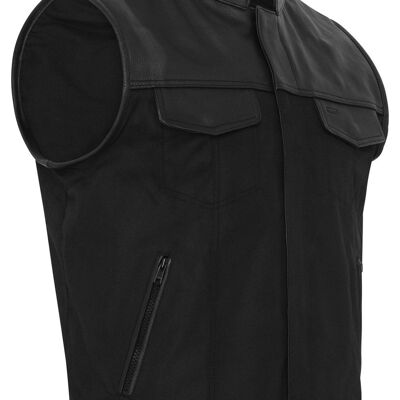 Mens Codura Biker Waistcoat/Vest Black Real Leather Trim - L