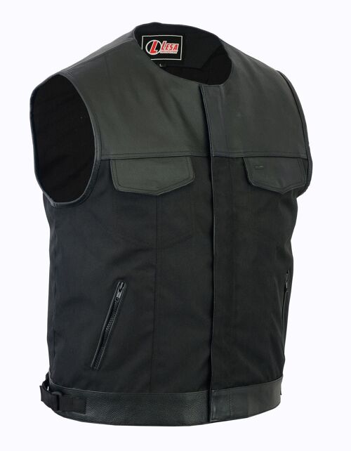 Collarless Codura Fabric Biker Waistcoat Black Real Leather Trim - S