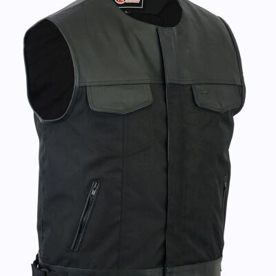 Collarless Codura Fabric Biker Waistcoat Black Real Leather Trim - S