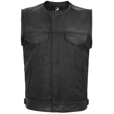 Gilet de Motard Sans Col en Tissu Codura Noir Garniture en Cuir Véritable - M