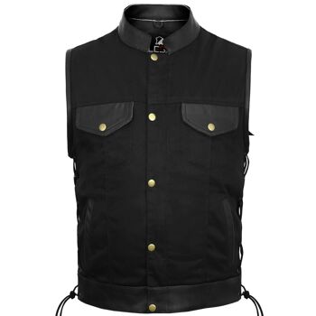 Gilet de club en denim style motard pour homme avec bordure en cuir véritable - S 1