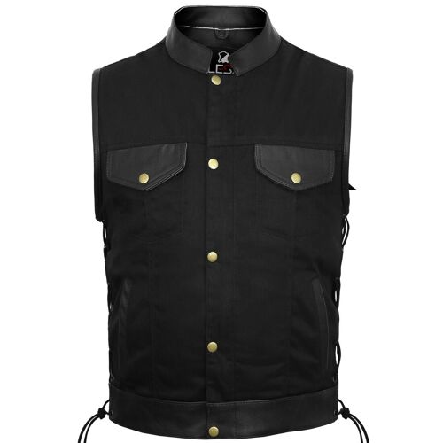 Mens Biker Style Denim Club Vest Side Lace Waistcoat With Real Leather Trim - L