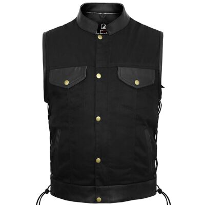 Mens Biker Style Denim Club Vest Side Lace Waistcoat With Real Leather Trim - XL