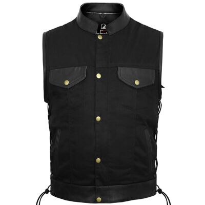 Mens Biker Style Denim Club Vest Side Lace Waistcoat With Real Leather Trim - 2XL