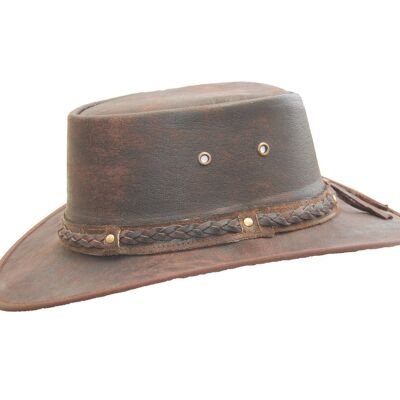 Chapeau de brousse de style australien pliable en cuir vieilli véritable brun - S