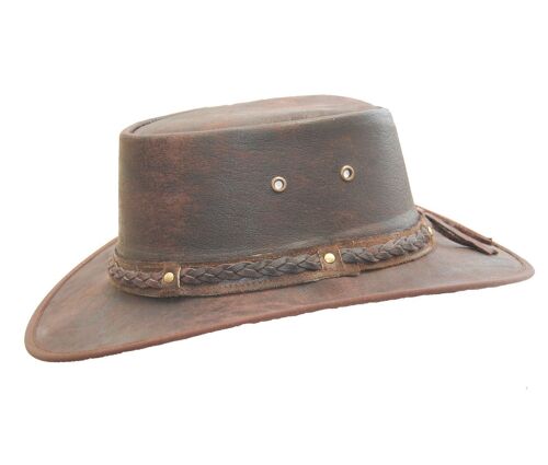 Real Distressed Leather Foldaway Crushable Australian-Style  Bush Hat Brown - L