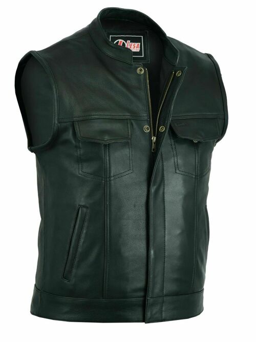 Mens Real Leather Waistcoat Plus Size SOA Motorcycle Biker Cut off Vest - 7XL