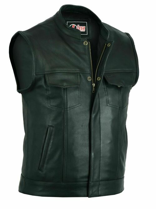 Mens Real Leather Waistcoat Plus Size SOA Motorcycle Biker Cut off Vest - 10XL