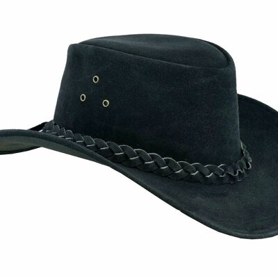 Australian Western style Cowboy Hat Real Leather with Chin Strap - Black - S
