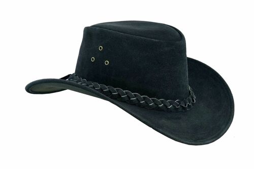 Australian Western style Cowboy Hat Real Leather with Chin Strap - Black - L