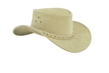 Chapeau de cowboy de style occidental australien en cuir véritable avec mentonnière - Beige - M 1