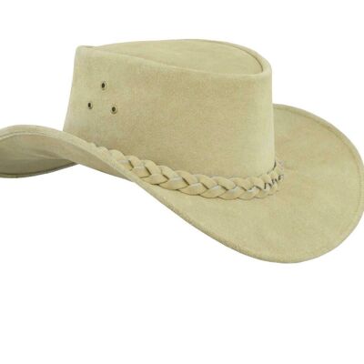 Sombrero de vaquero estilo occidental australiano de cuero real con correa para la barbilla - Beige - L