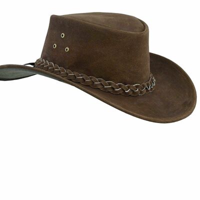 Chapeau de cowboy style Western australien en cuir véritable avec mentonnière - marron chocolat - XS