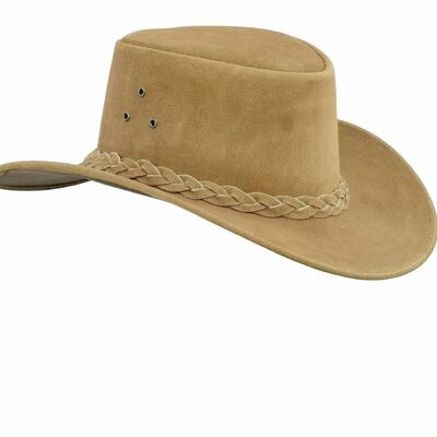 Chapeau de cowboy de style occidental australien en cuir véritable avec mentonnière - Camel - XS